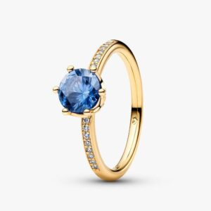 Каблучка Pandora з короною та синім каменем-солітером 168289C02